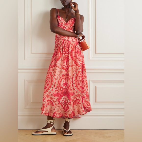 FARM Rio Dresses & Skirts - NWOT Farm Rio Red Jaipur Ruched Printed Linen Maxi Dress, Size XS